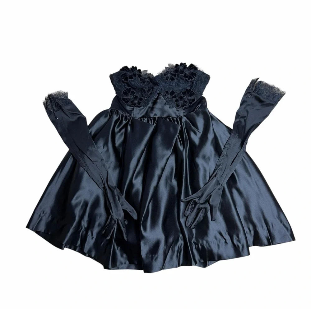 For Love & Lemons Black Virginia Mini Dress with Satin Gloves Womens M